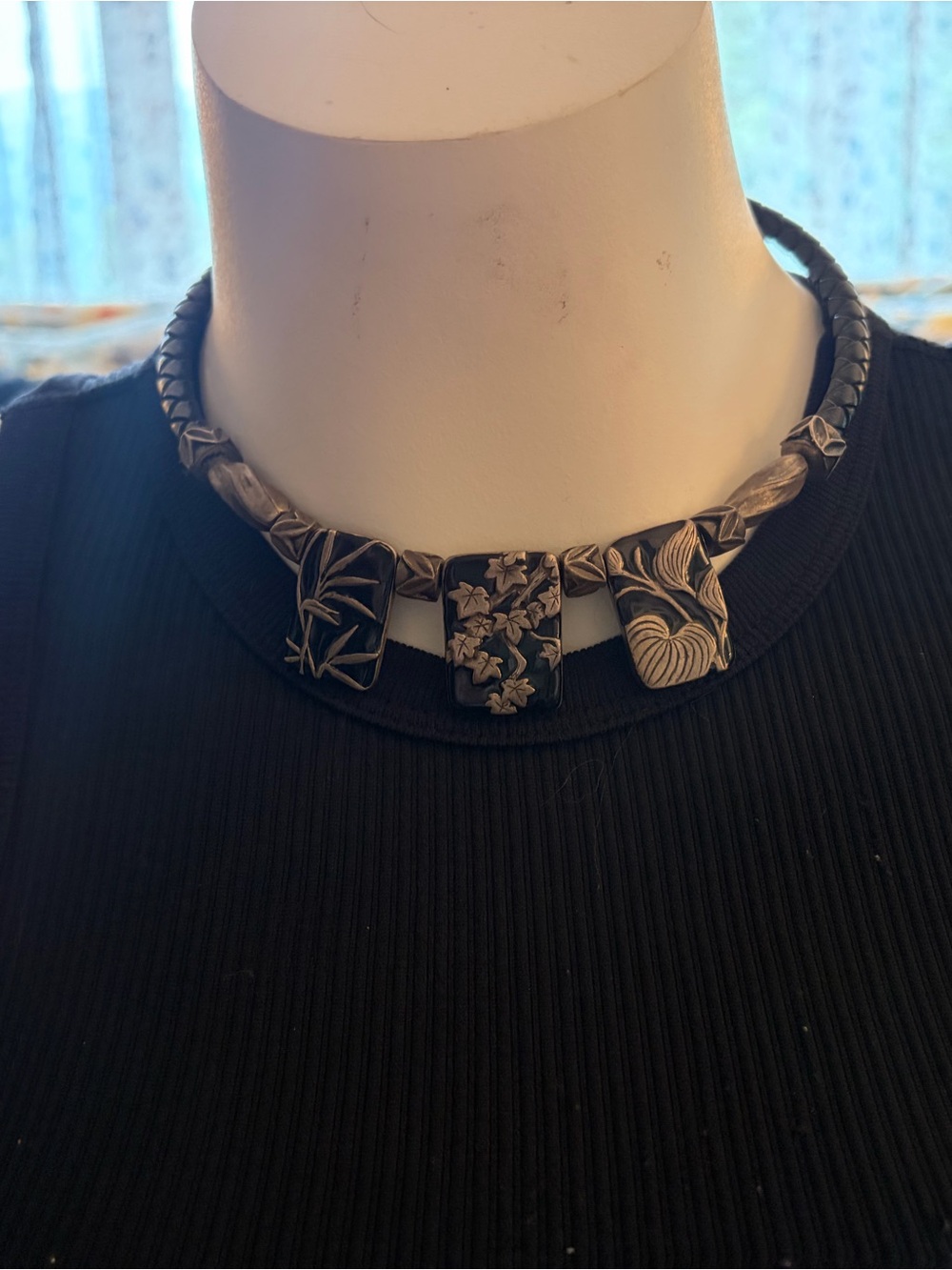 Vintage Chico's Black Enamel & Silver Tone Foliage Pendant Statement Necklace